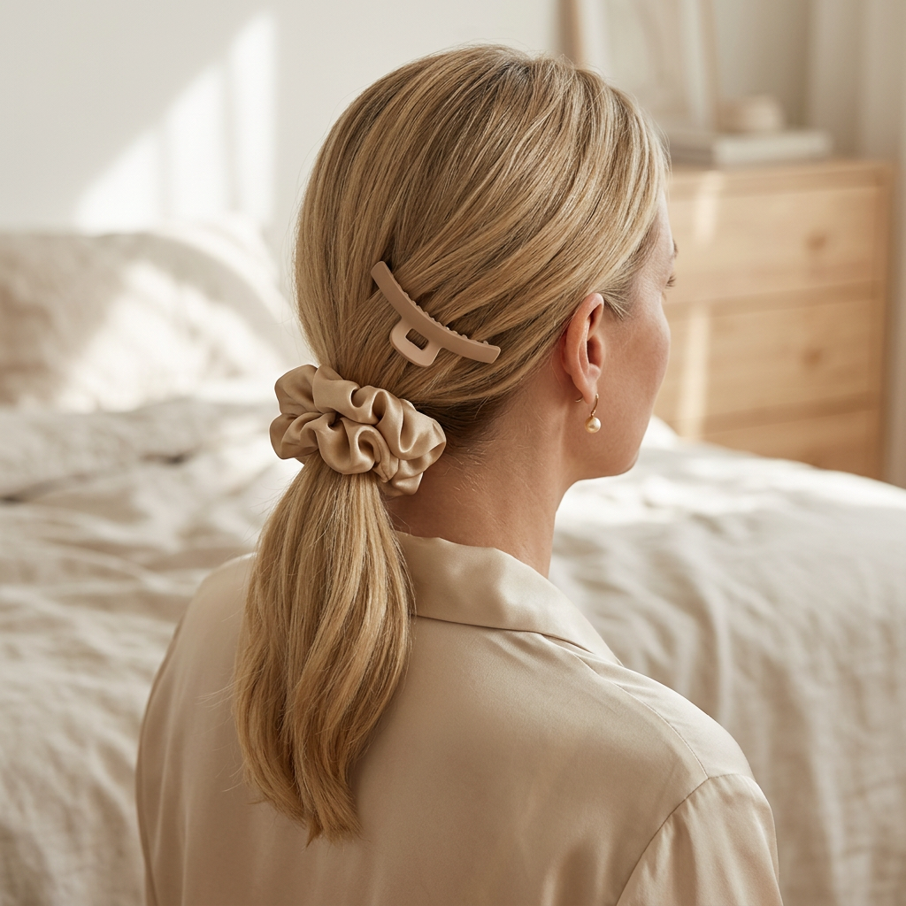 🎀 indoravi Satin-Look Scrunchie & Sculpted Claw Clip Set — Champagne-Toned Hair Accessories for Effortless Everyday Styling
