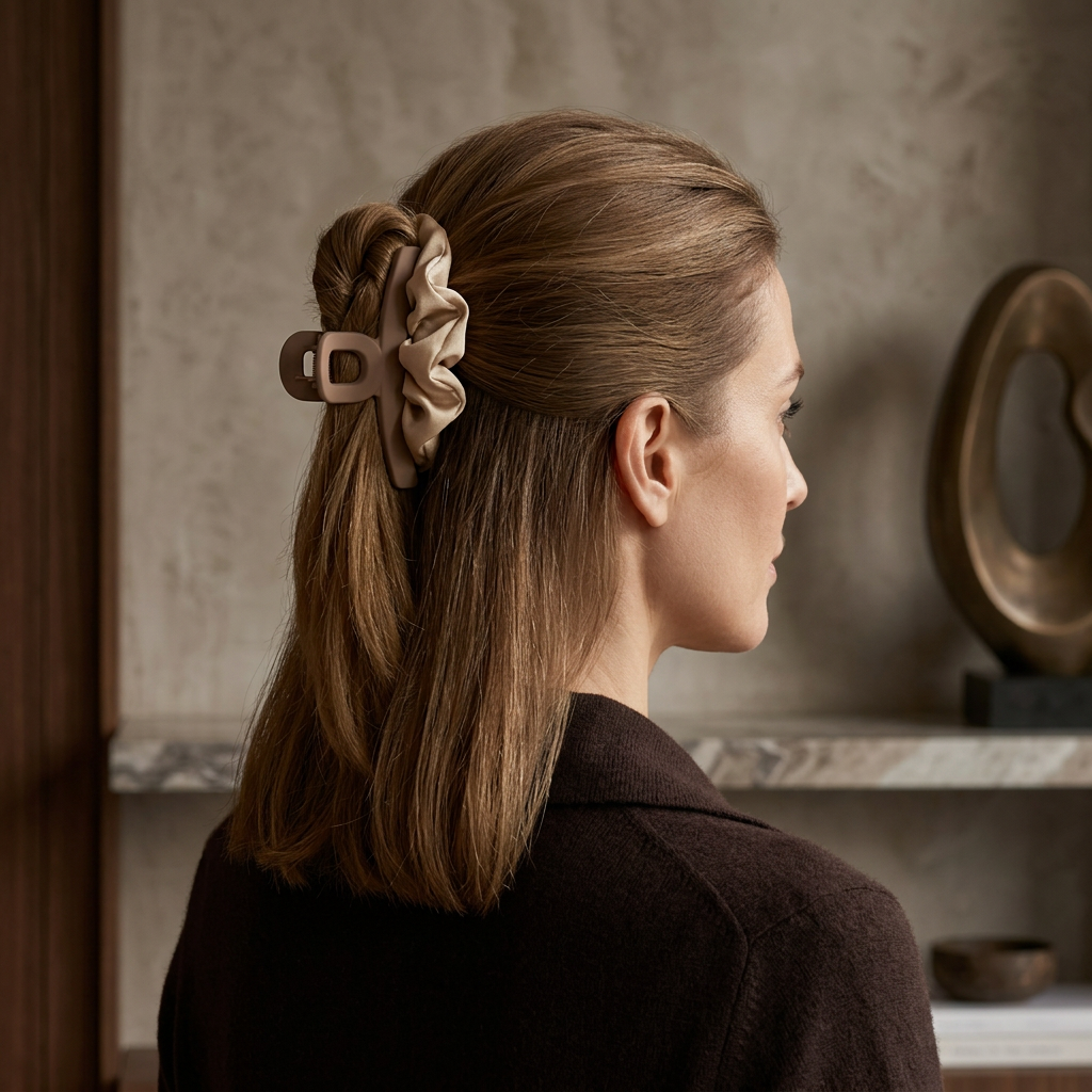 🎀 indoravi Satin-Look Scrunchie & Sculpted Claw Clip Set — Champagne-Toned Hair Accessories for Effortless Everyday Styling