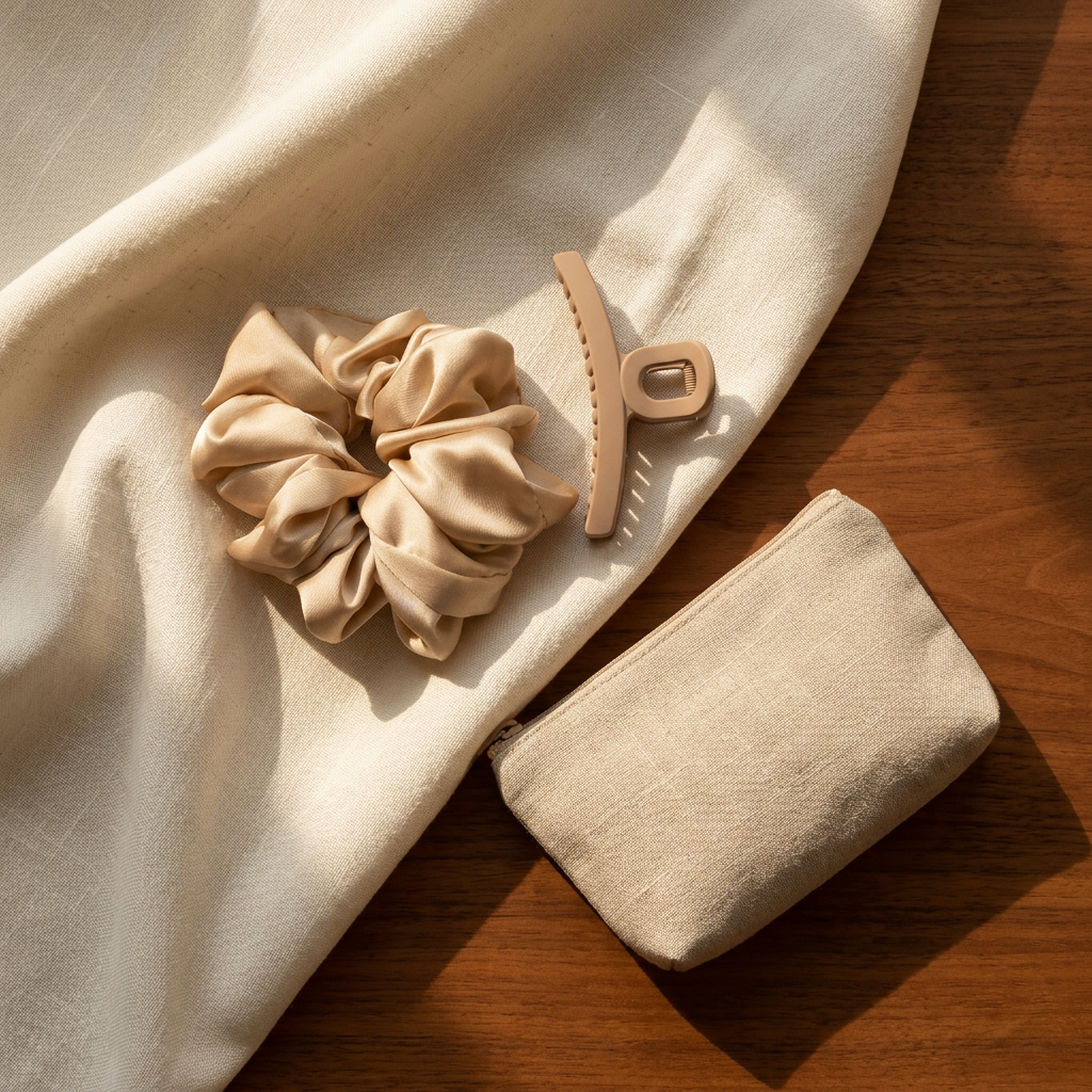 🎀 indoravi Satin-Look Scrunchie & Sculpted Claw Clip Set — Champagne-Toned Hair Accessories for Effortless Everyday Styling