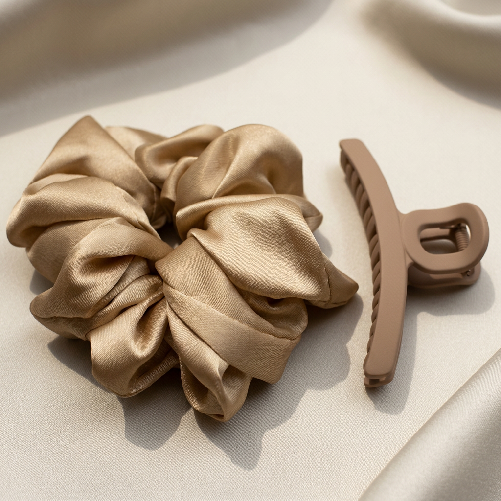 🎀 indoravi Satin-Look Scrunchie & Sculpted Claw Clip Set — Champagne-Toned Hair Accessories for Effortless Everyday Styling