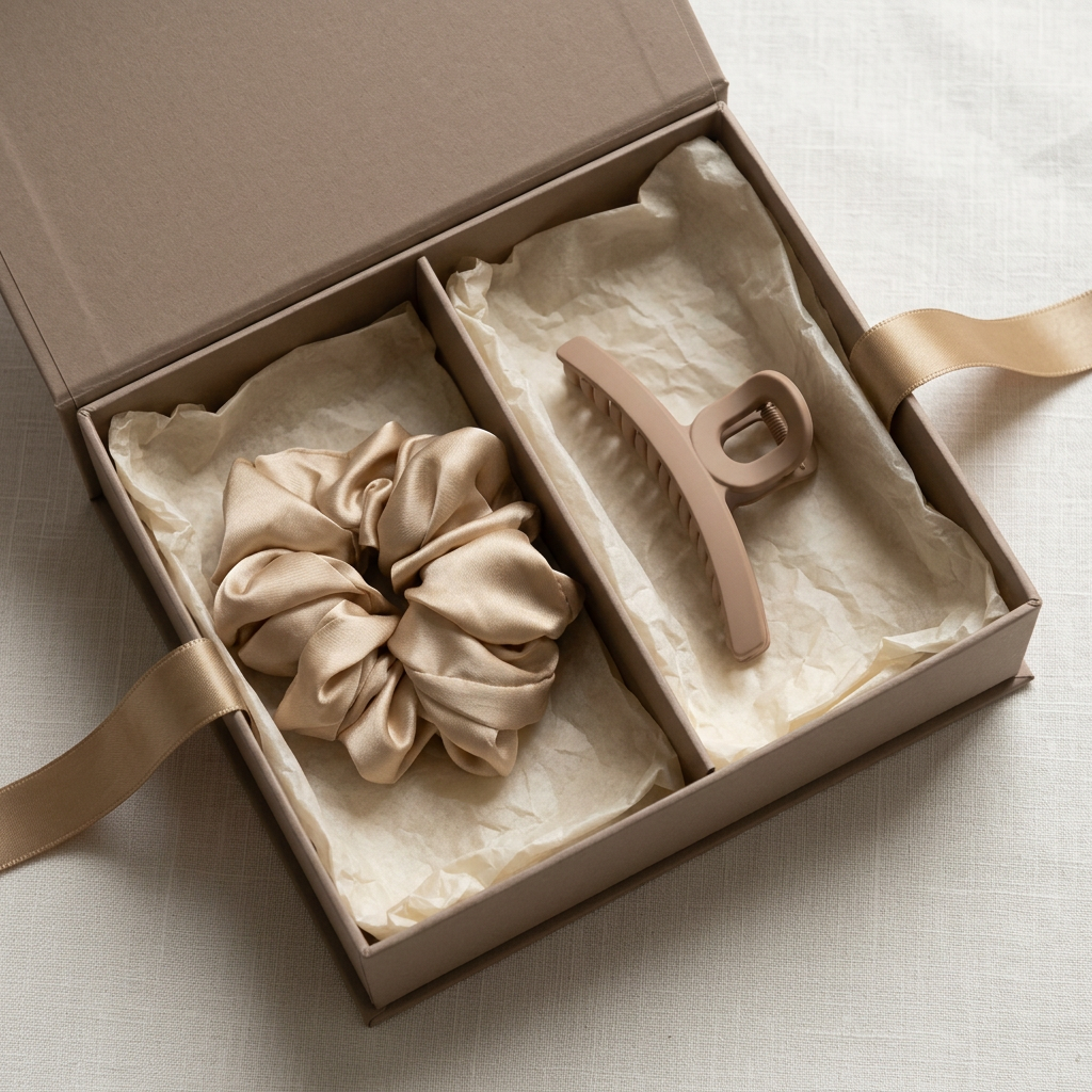 🎀 indoravi Satin-Look Scrunchie & Sculpted Claw Clip Set — Champagne-Toned Hair Accessories for Effortless Everyday Styling