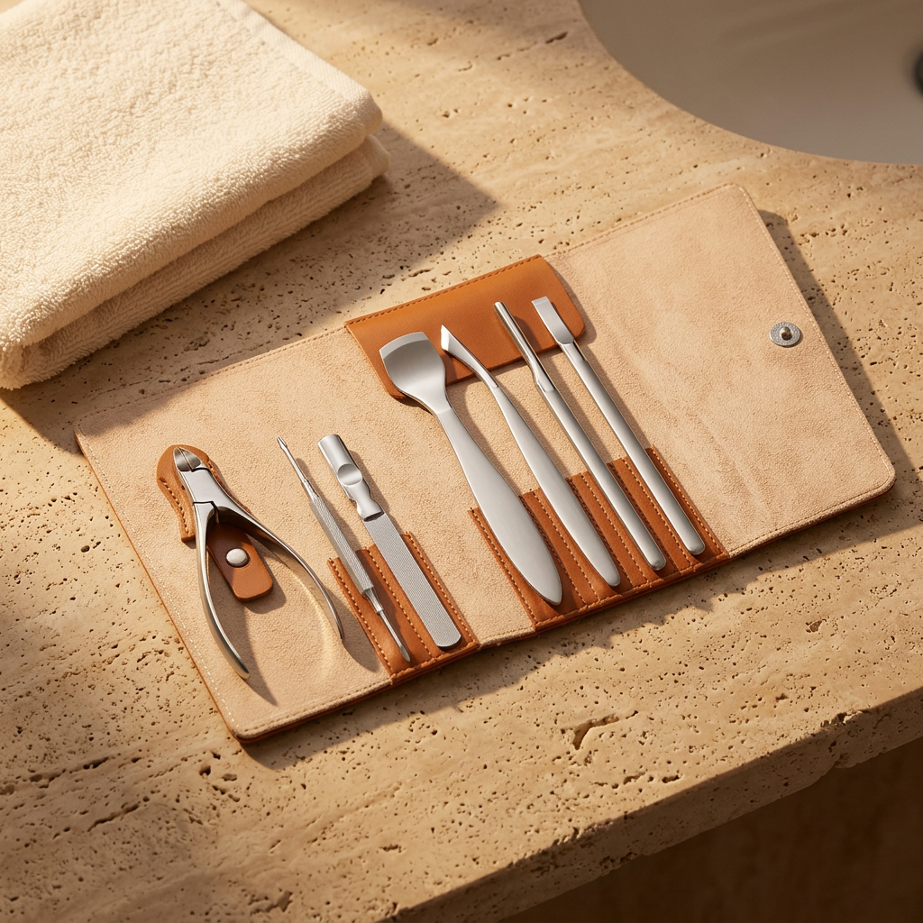 🦶 indoravi Foot Care Tool Set with Fold-Out Case — Seven Grooming Tools in a Warm-Toned Organizer for a Tidy Personal-Care Routine