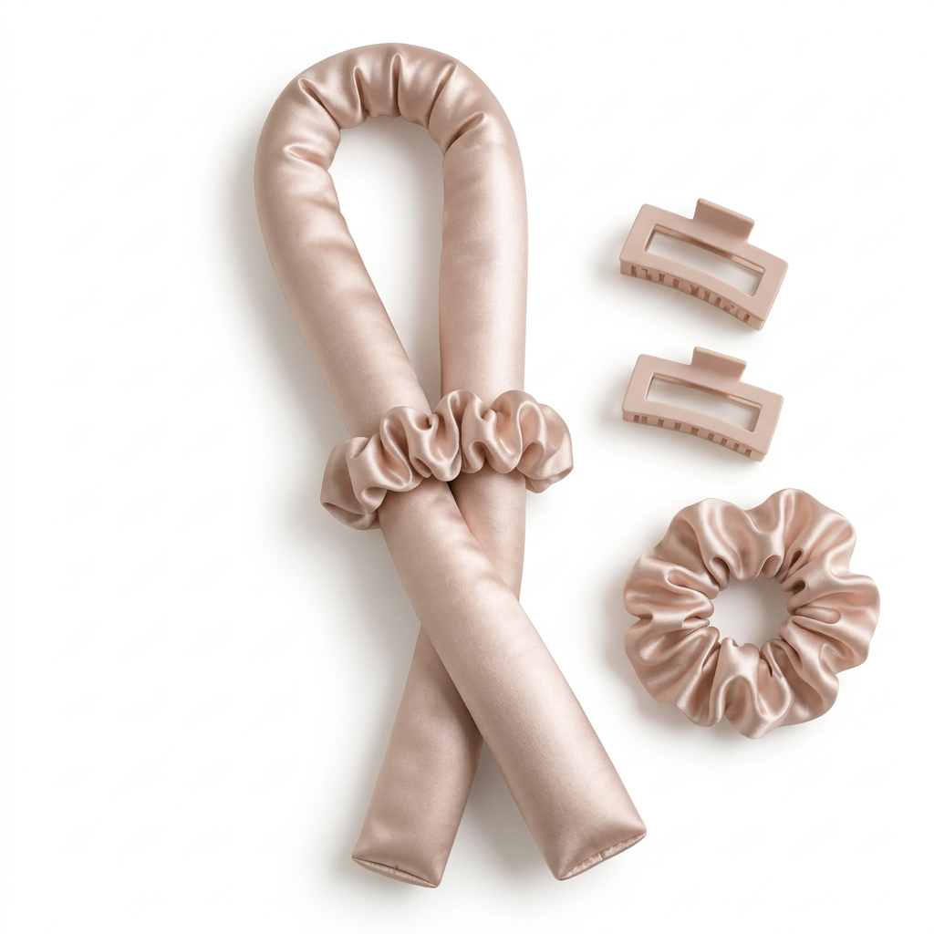 🌙 indoravi Heatless Curling Ribbon Set — Champagne Satin-Look Wrap, Scrunchies & Clips for an Unhurried Styling Ritual