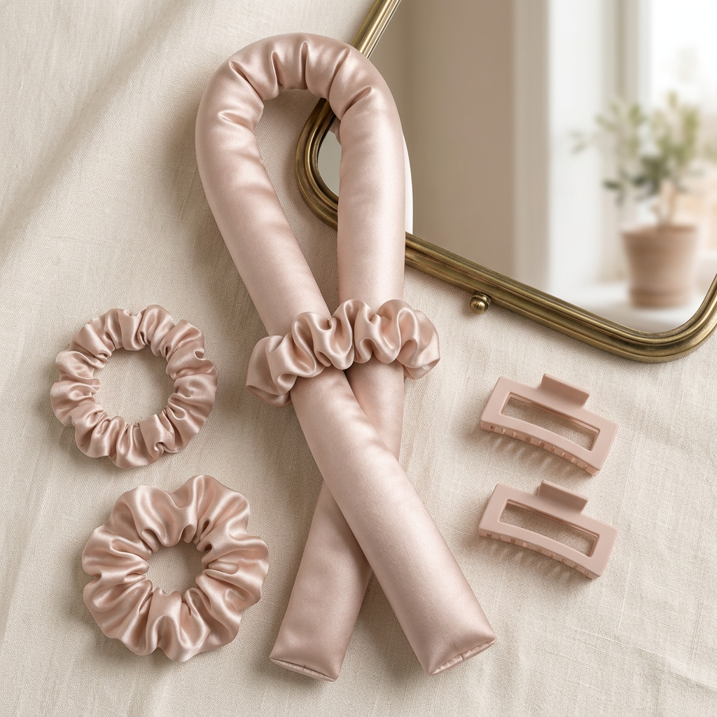 🌙 indoravi Heatless Curling Ribbon Set — Champagne Satin-Look Wrap, Scrunchies & Clips for an Unhurried Styling Ritual