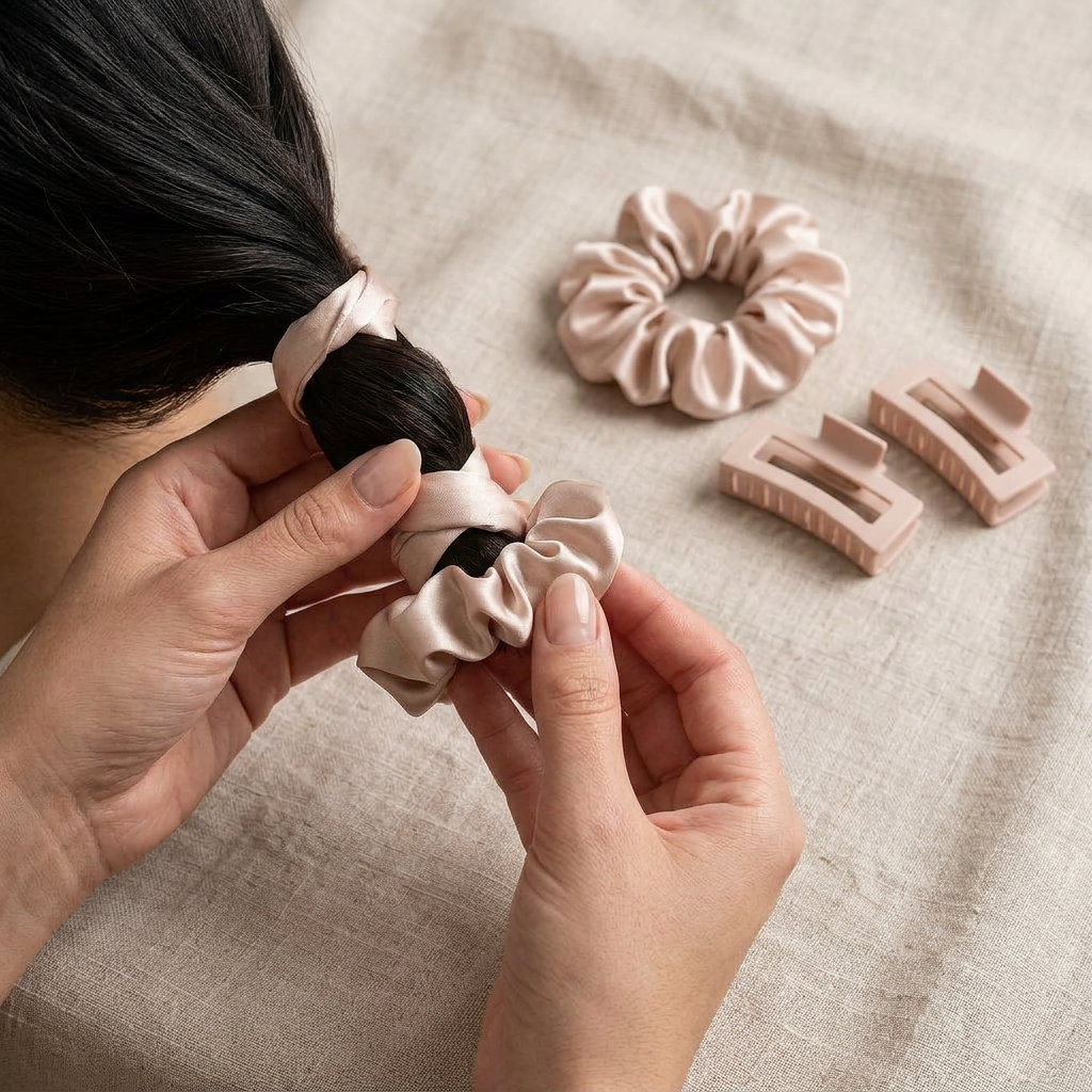 🌙 indoravi Heatless Curling Ribbon Set — Champagne Satin-Look Wrap, Scrunchies & Clips for an Unhurried Styling Ritual