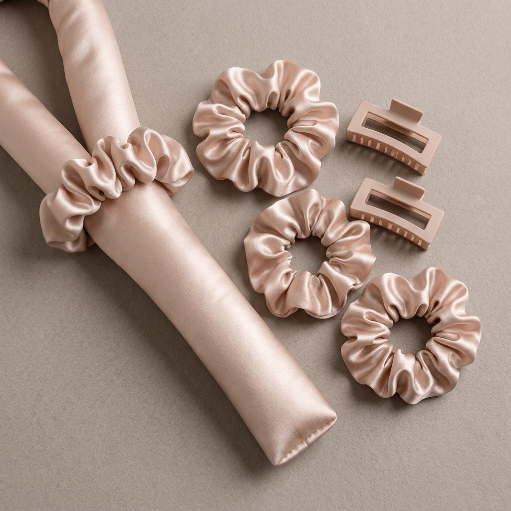 🌙 indoravi Heatless Curling Ribbon Set — Champagne Satin-Look Wrap, Scrunchies & Clips for an Unhurried Styling Ritual