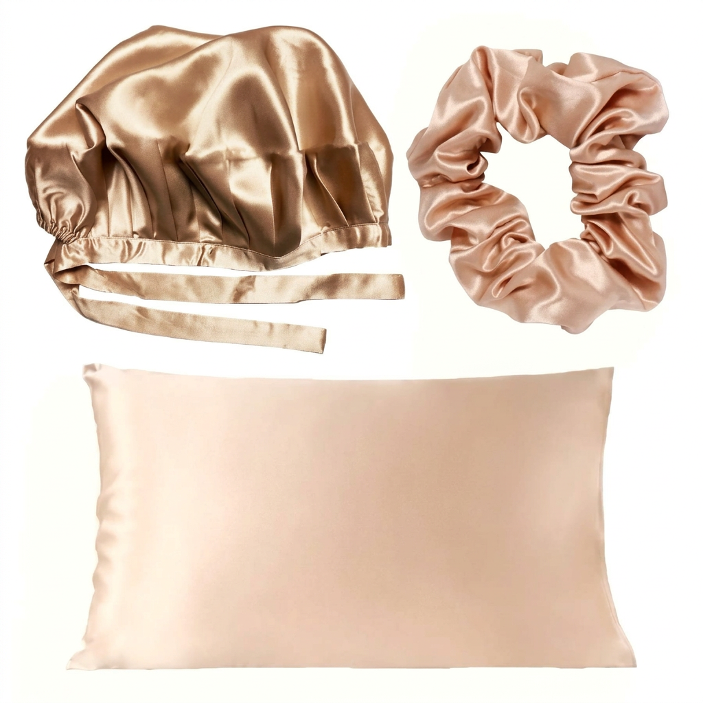 🛌 indoravi Satin-Look Sleep Haircare Set — Champagne Bonnet, Scrunchie & Pillowcase for a Coordinated Bedtime Ritual
