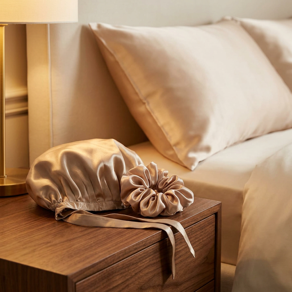 🛌 indoravi Satin-Look Sleep Haircare Set — Champagne Bonnet, Scrunchie & Pillowcase for a Coordinated Bedtime Ritual