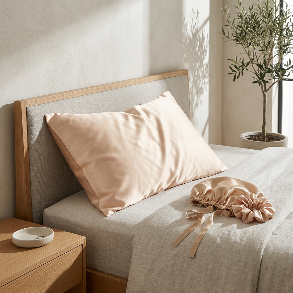 🛌 indoravi Satin-Look Sleep Haircare Set — Champagne Bonnet, Scrunchie & Pillowcase for a Coordinated Bedtime Ritual