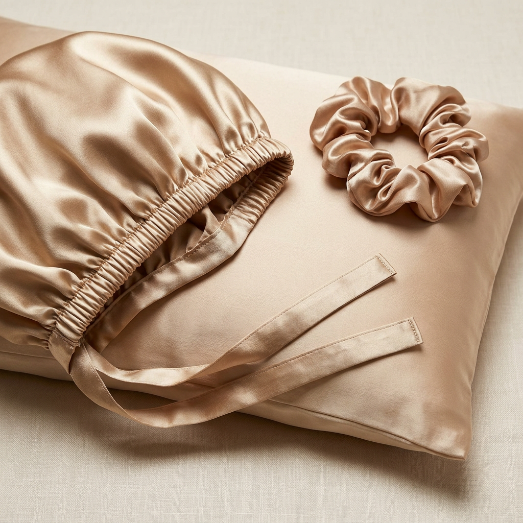🛌 indoravi Satin-Look Sleep Haircare Set — Champagne Bonnet, Scrunchie & Pillowcase for a Coordinated Bedtime Ritual