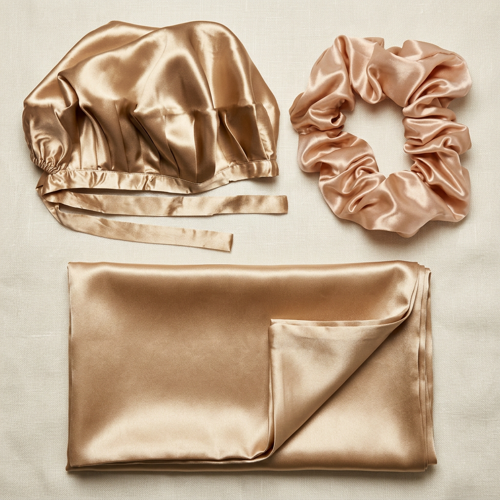 🛌 indoravi Satin-Look Sleep Haircare Set — Champagne Bonnet, Scrunchie & Pillowcase for a Coordinated Bedtime Ritual